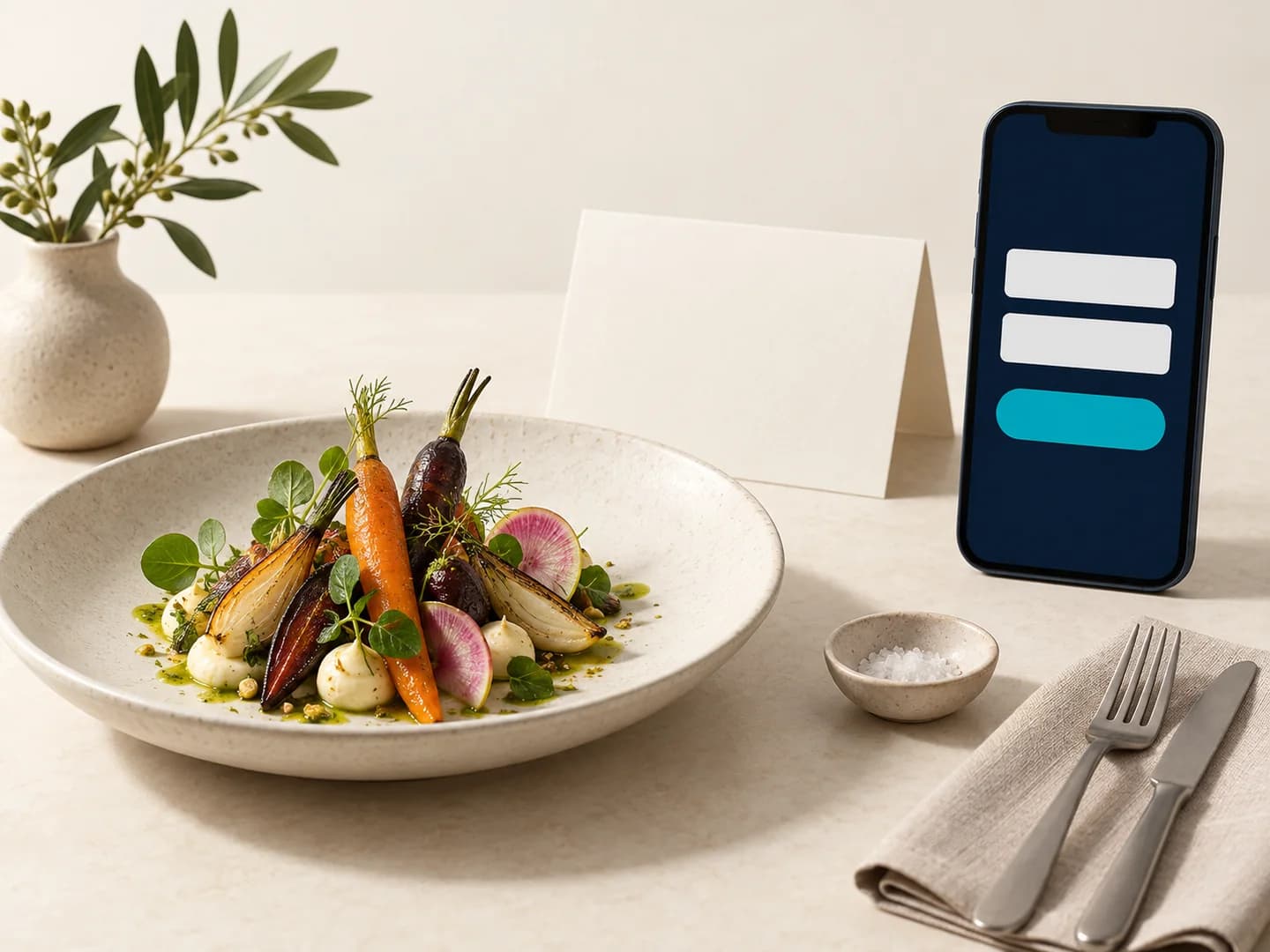 Assiette, menu et parcours de réservation mobile pour un restaurant