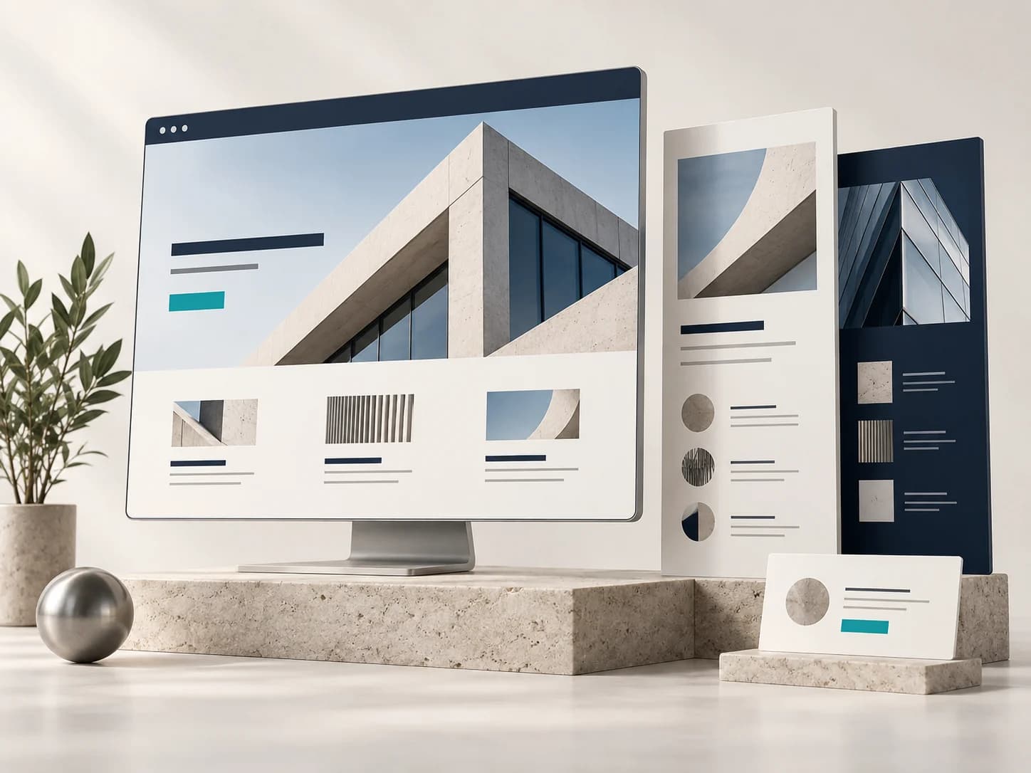 Maquette d’un site professionnel et de pages présentant les expertises d’une entreprise.