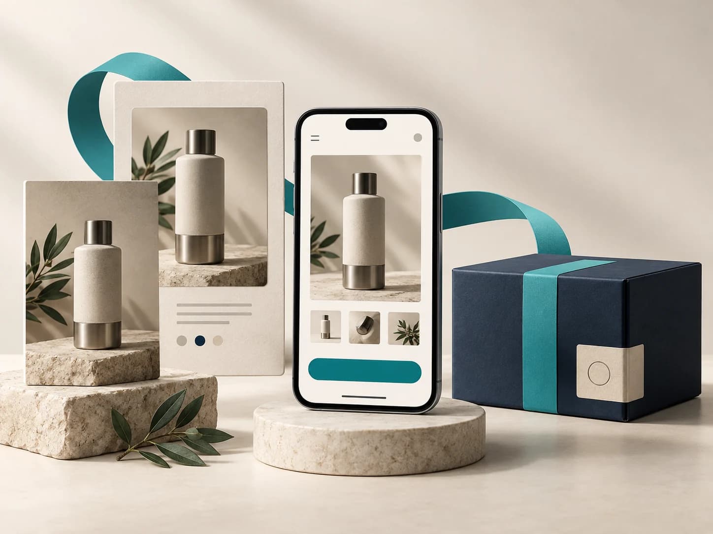 Boutique mobile avec fiche produit, visuels et colis de livraison.