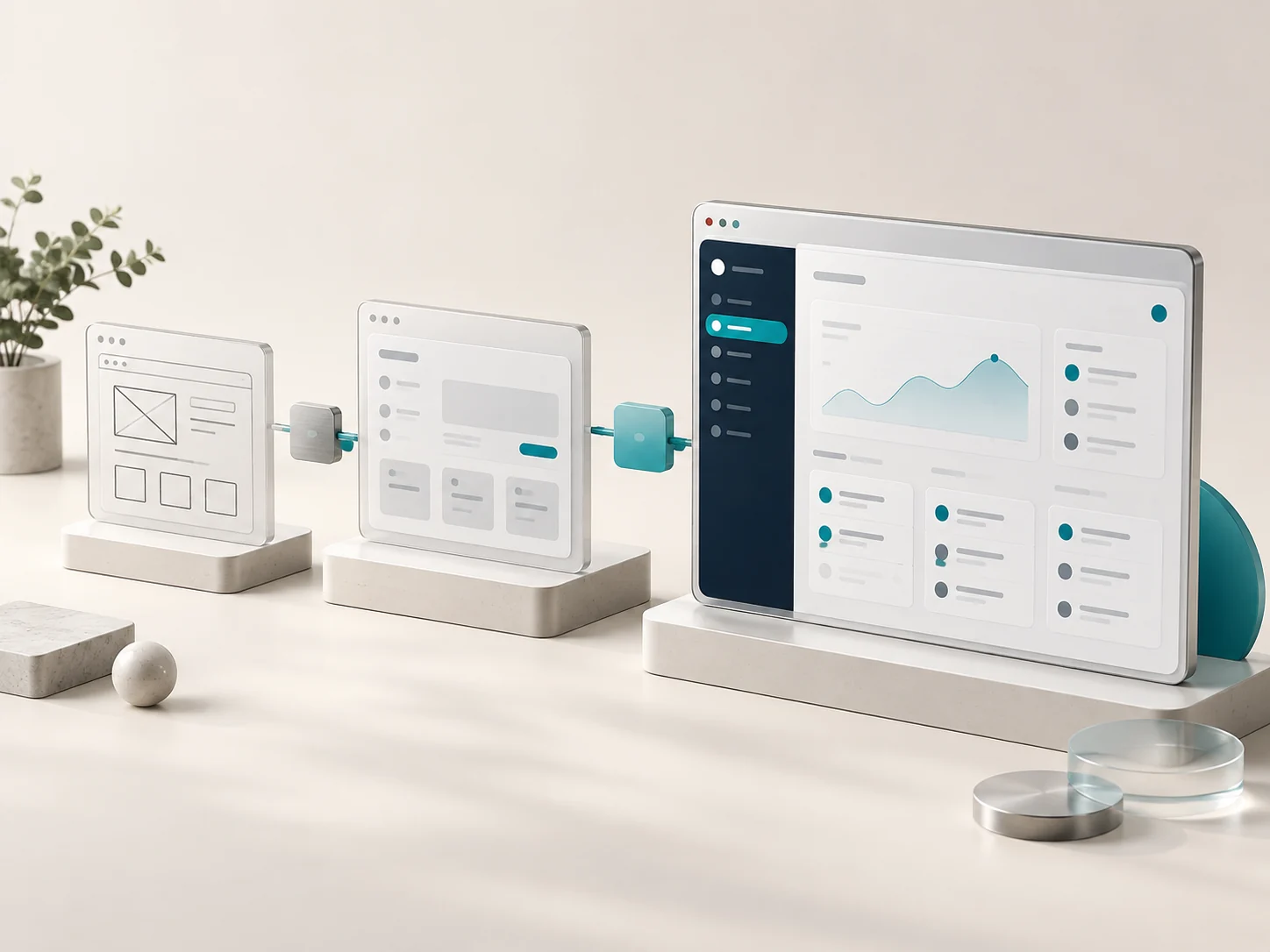 Étapes d’un prototype évoluant vers une application web avec tableau de bord.
