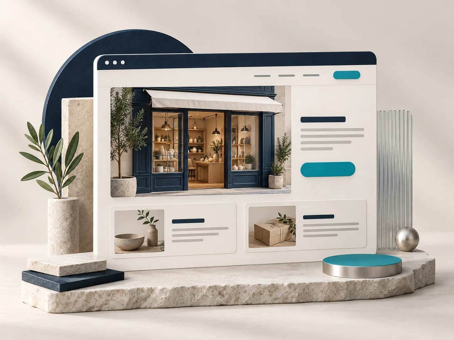 Maquette d’un site vitrine présentant un commerce, ses services et un bouton de contact.