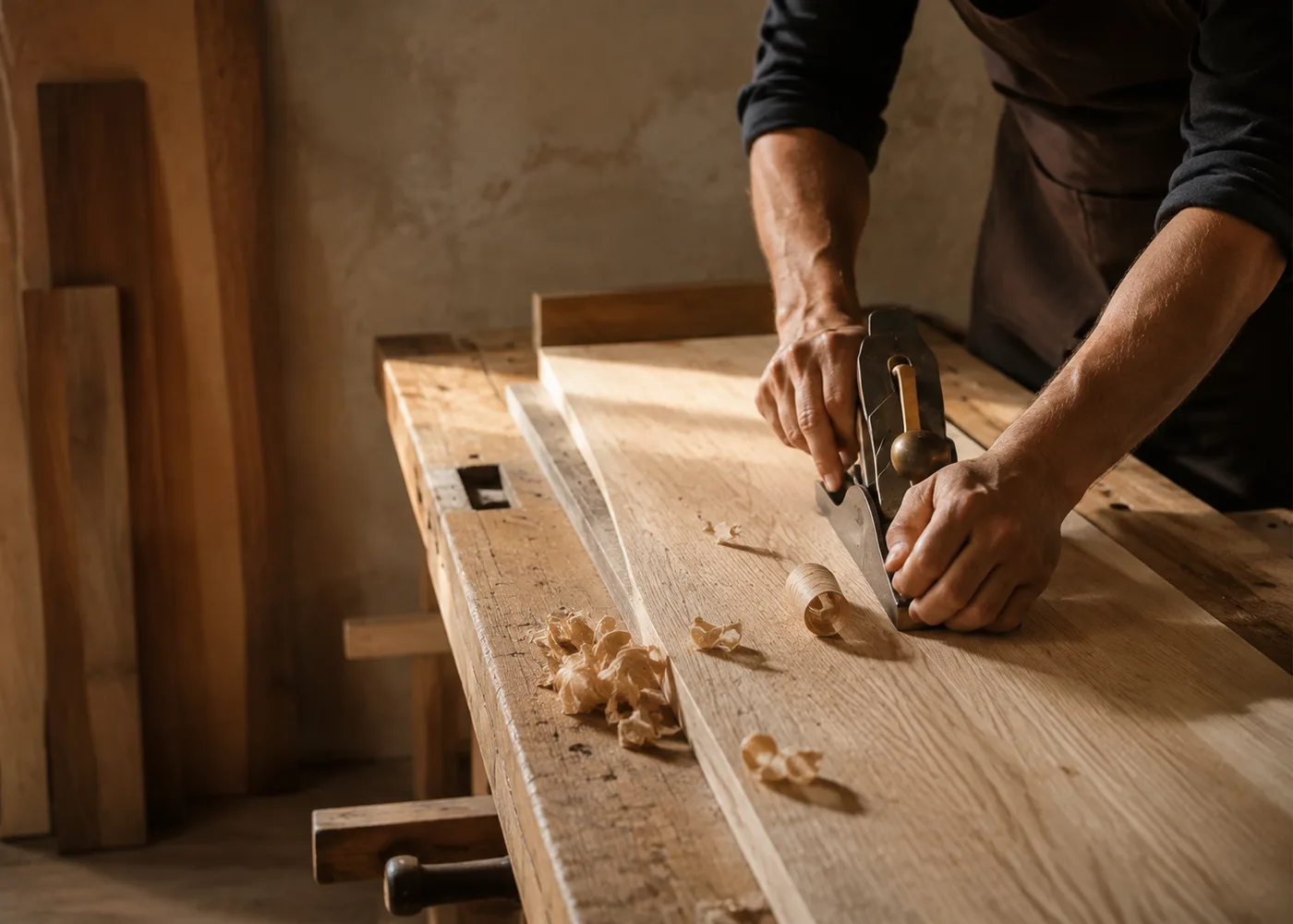 Travail du chêne à la main dans un atelier